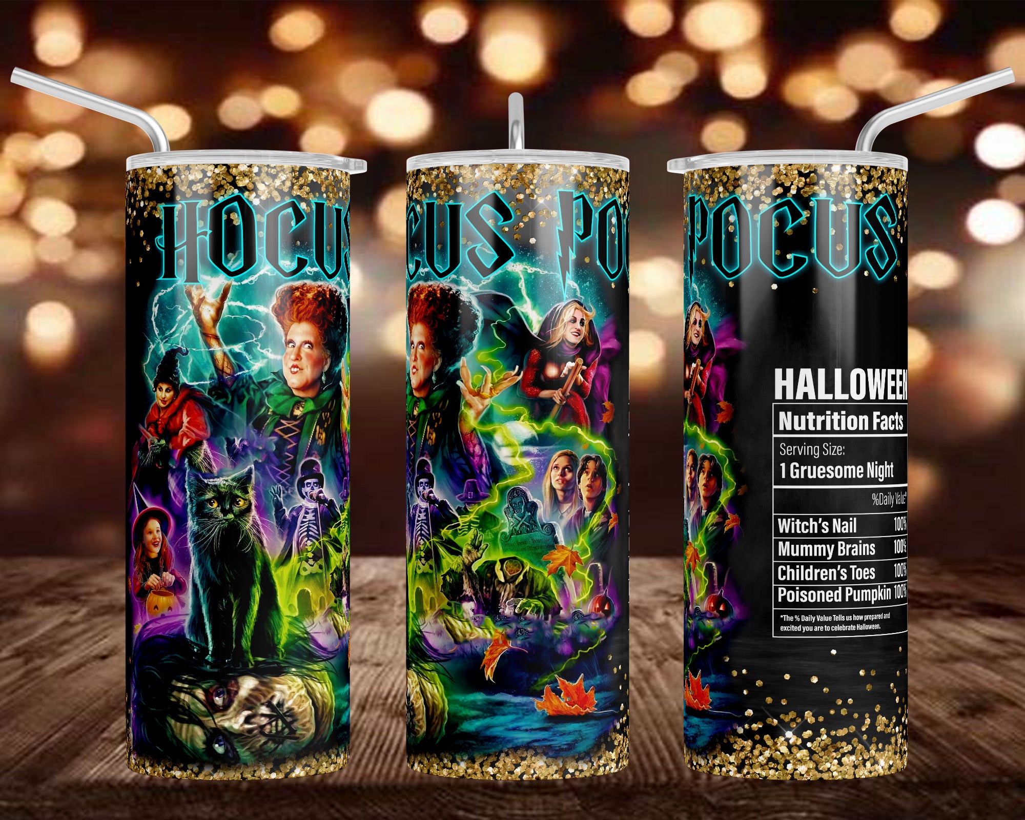 Hocus Pocus Witches with Gold faux Glitter Tumbler