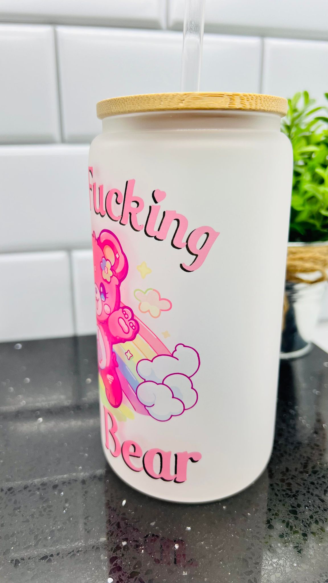 Don't Fucking Care Bear 16 ounce Glass Can with Bamboo Lid