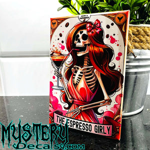 The Espresso Girly Rectangle Fridge Magnet 2.5" x 3.5" Skeleton Coffee Lover Tarot Card Vibes