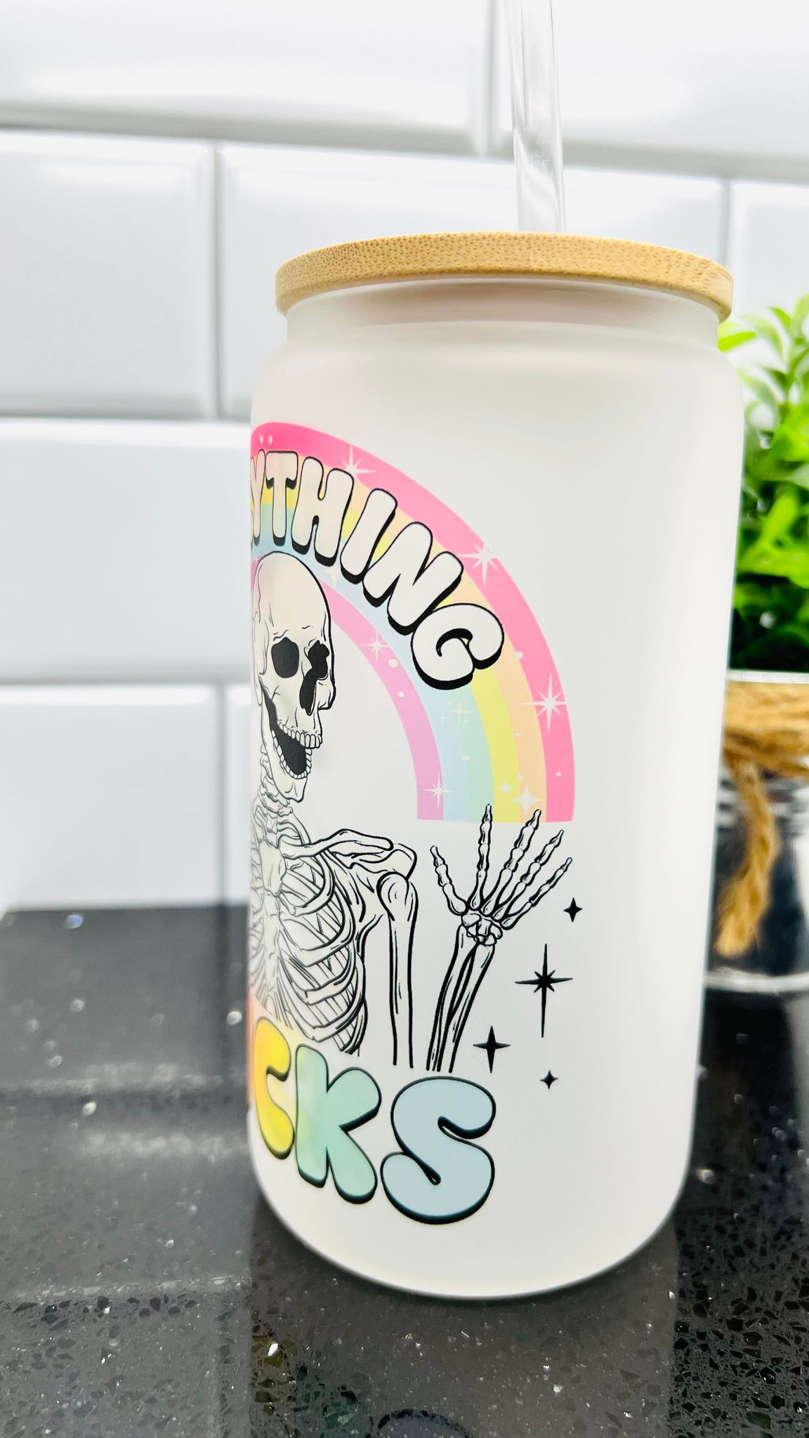 Everything Sucks Rainbow Skeleton 16 ounce Glass Can with Bamboo Lid
