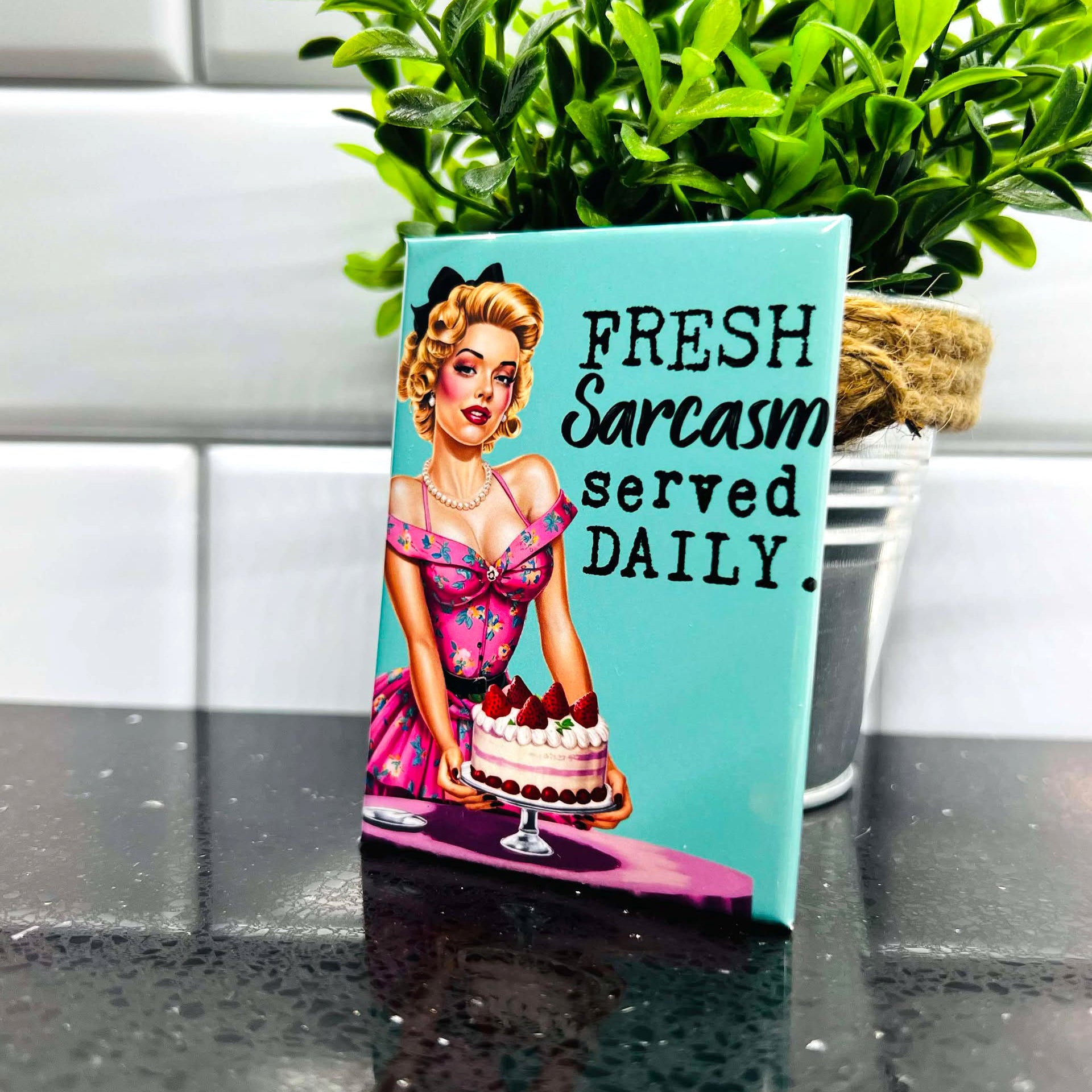 Fresh Sarcasm Served Daily Fridge Magnet 2.5" x 3.5" Rectangle Unhinged Retro Housewife