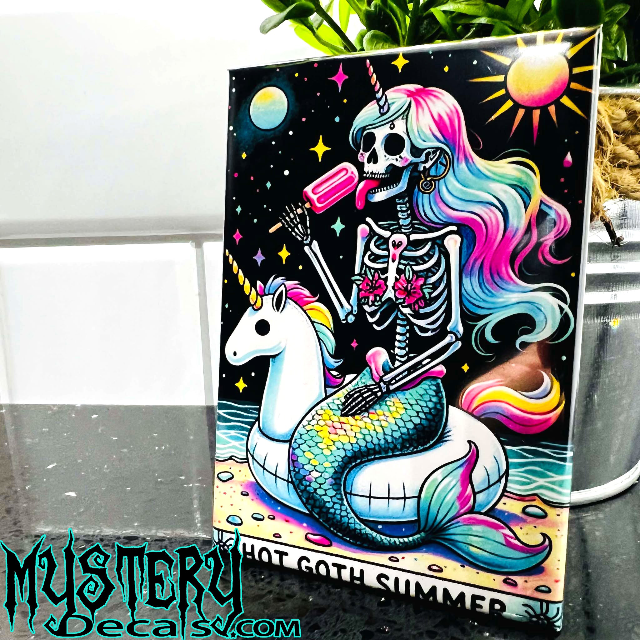 Hot Goth Summer Tarot Card Vibes Rectangle Fridge Magnet 2.5" x 3.5" Skeleton Mermaid on Unicorn Float Popsicle