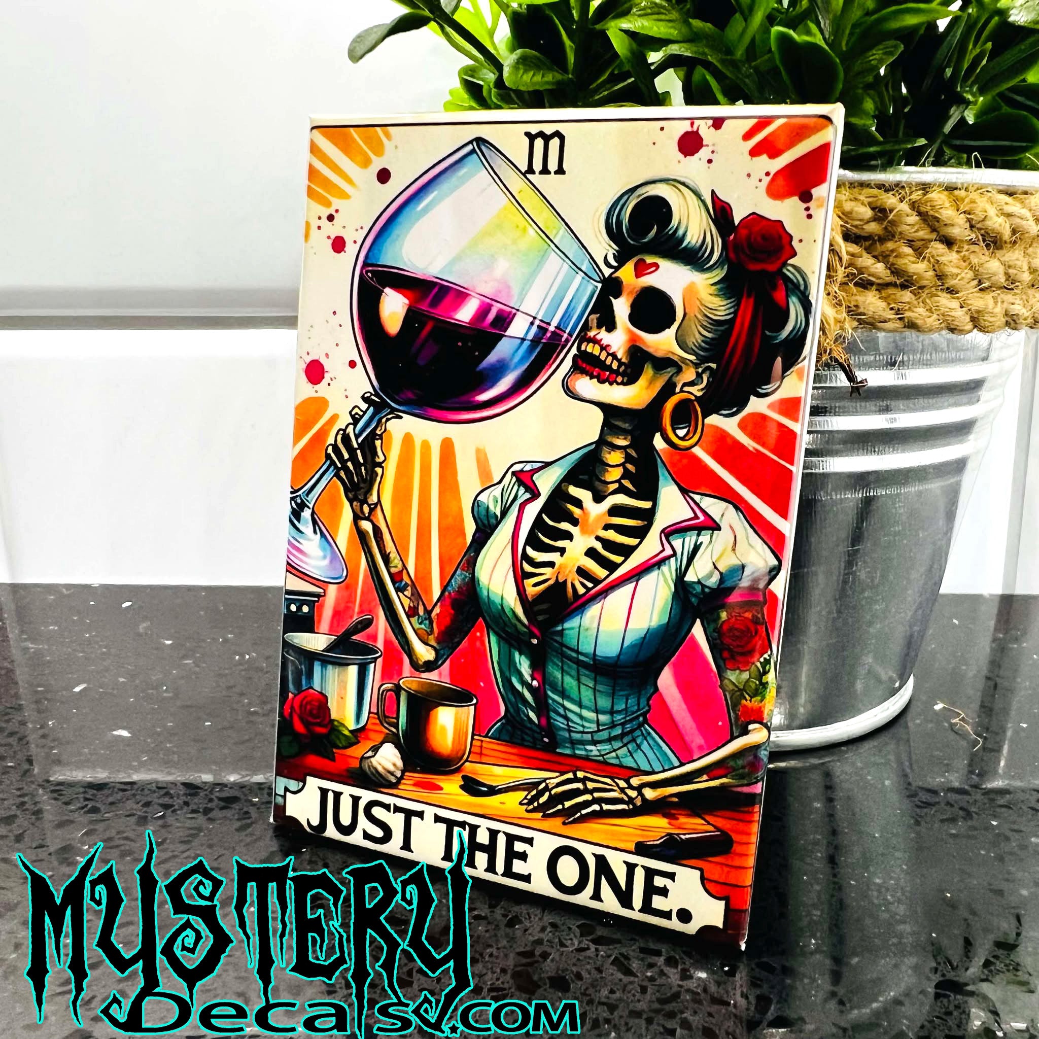 Just the One Tarot Card Vibes Rectangle Fridge Magnet 2.5" x 3.5" Skeleton Wine Lover