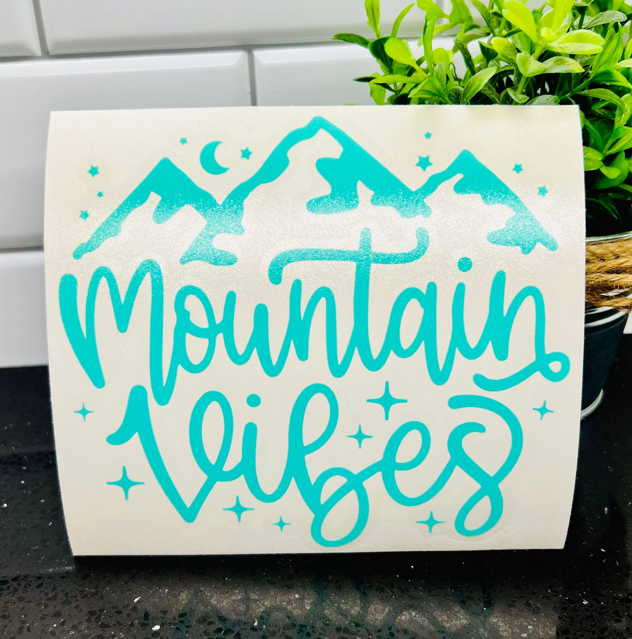 Cursive Mountain Vibes with Stars Decal