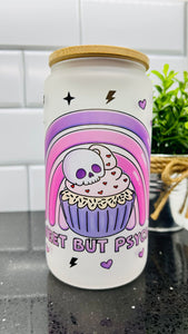 Sweet But Psycho Frosted Purple Cupcake Glass Can
