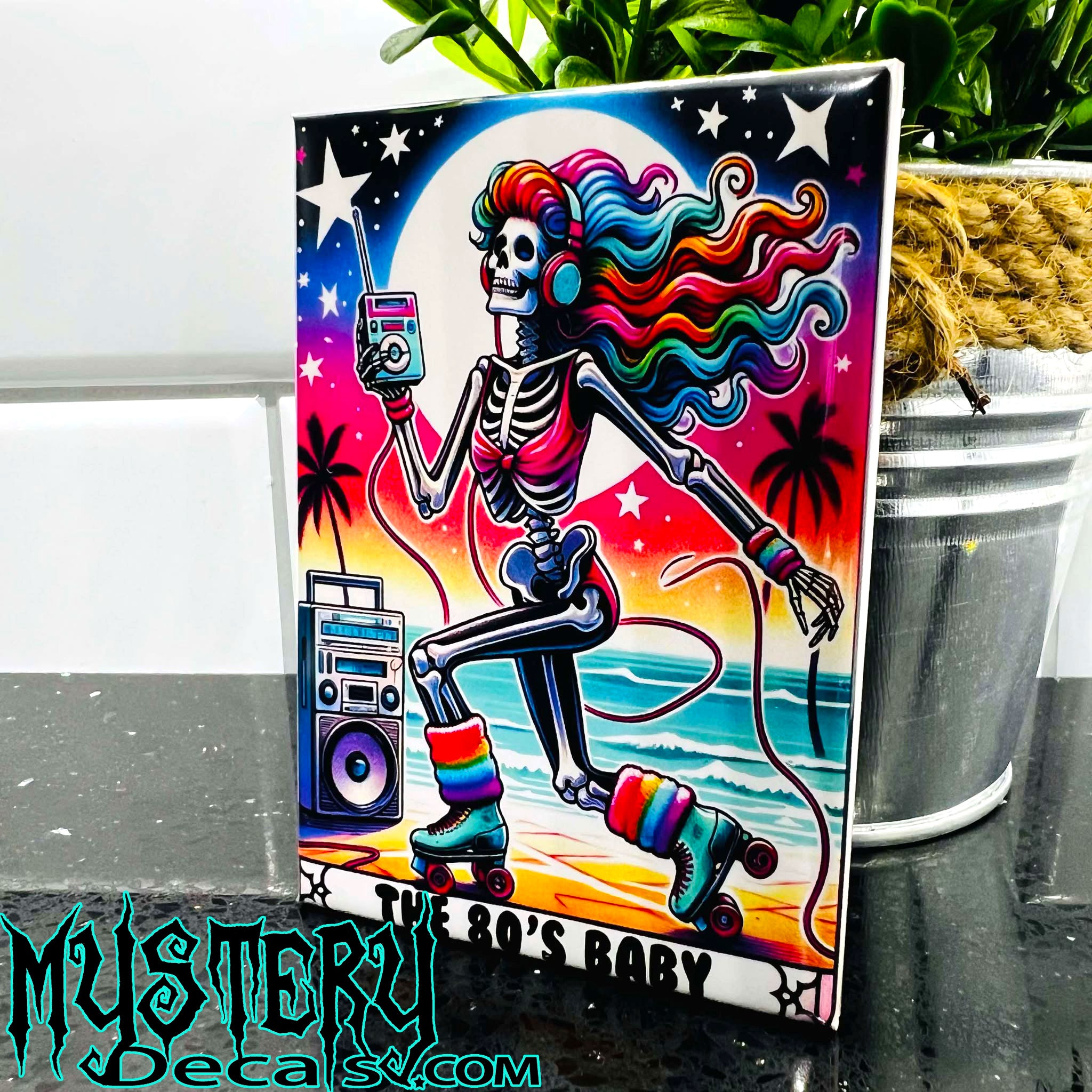 The 80s Baby Tarot Card Rectangle Fridge Magnet 2.5" x 3.5" Roller Skating Skeleton  Boombox