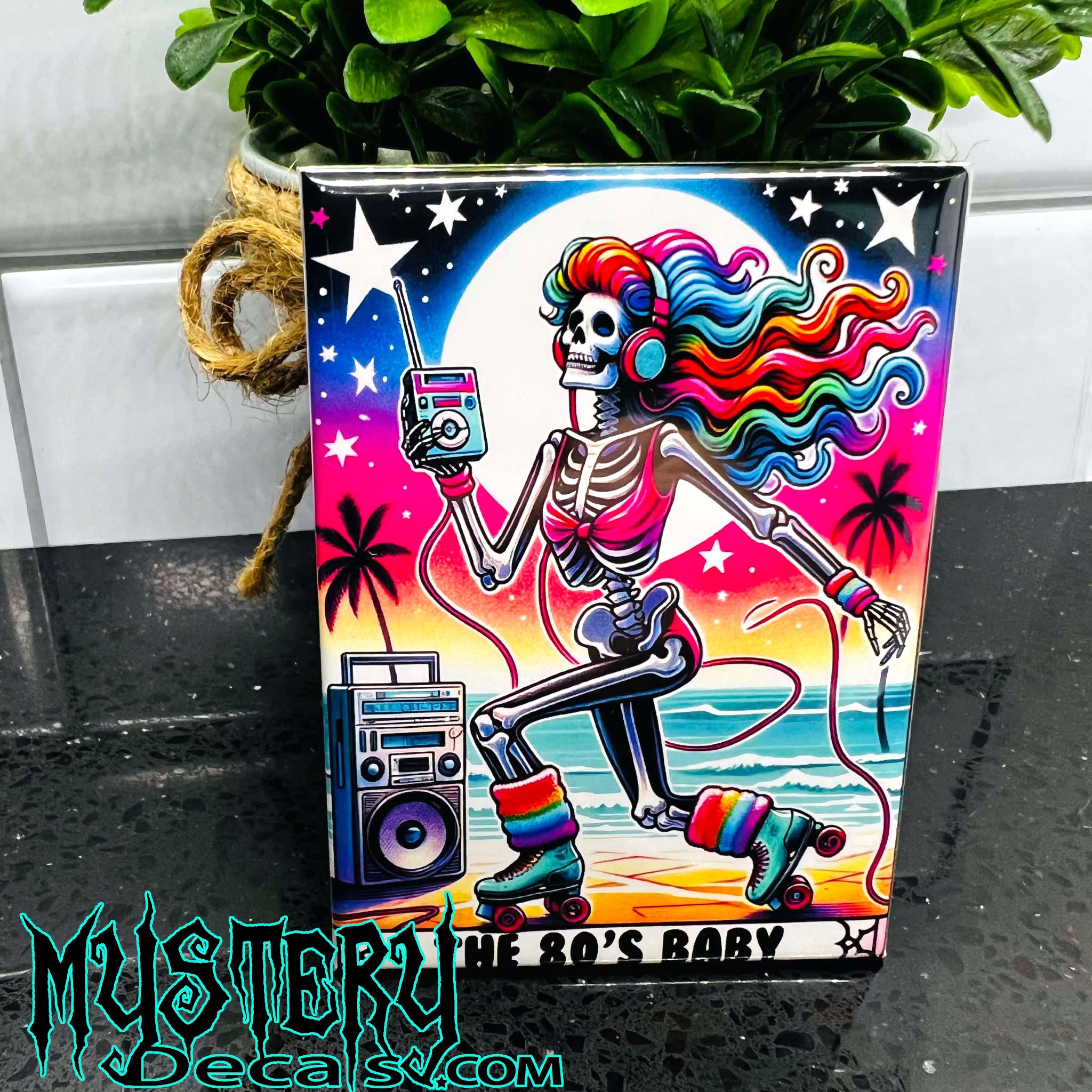 The 80s Baby Tarot Card Rectangle Fridge Magnet 2.5" x 3.5" Roller Skating Skeleton  Boombox