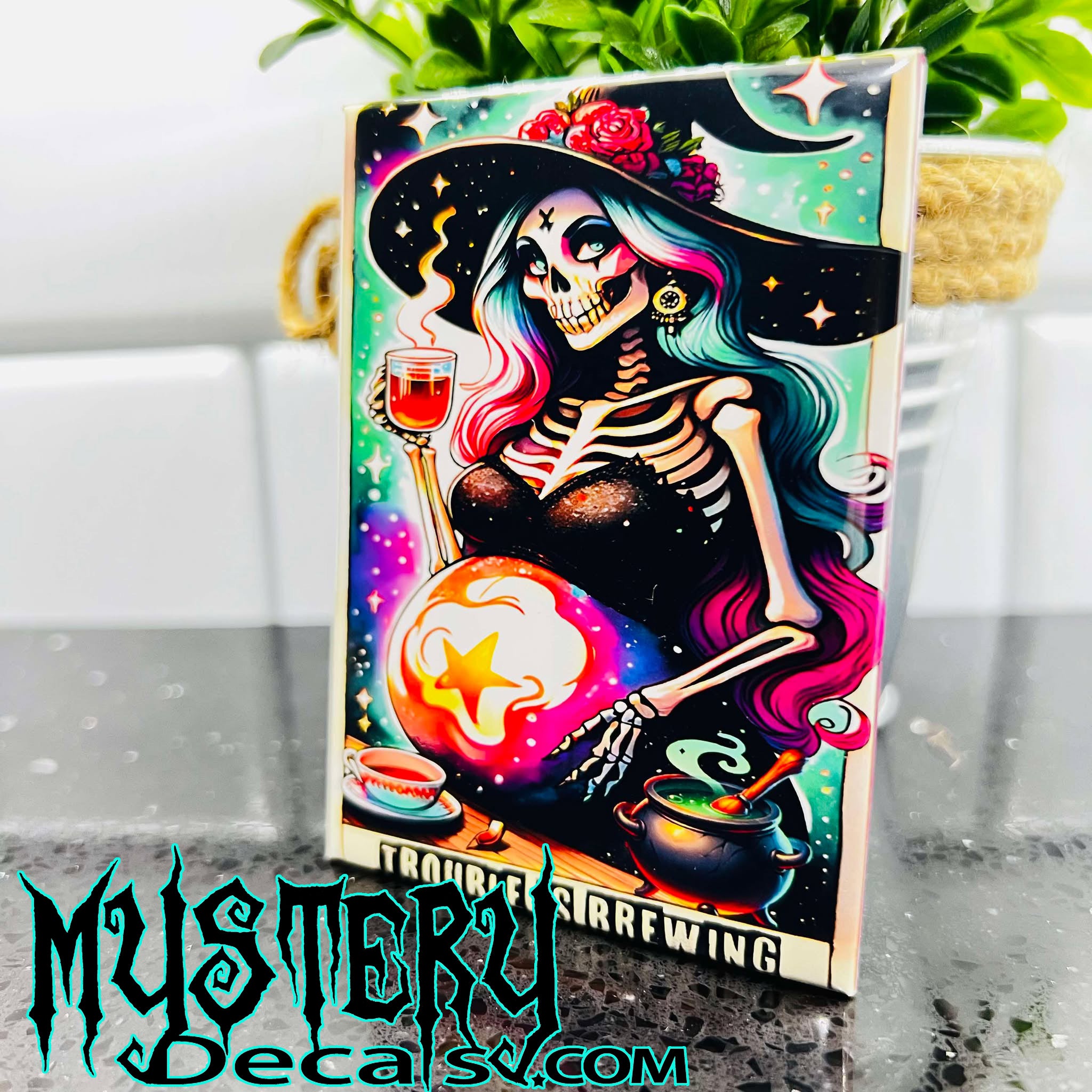 Trouble is Brewing Tarot Card Vibes Rectangle Fridge Magnet 2.5" x 3.5" Pregnant Skeleton Witch